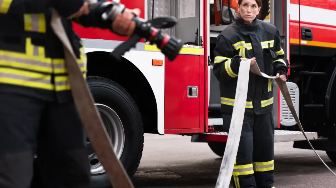 Duas bombeiras treinando com mangueira de incêndio ao lado de um caminhão de combate a incêndios, destacando a importância do curso de brigada de incêndio mesmo sem atuar na área.