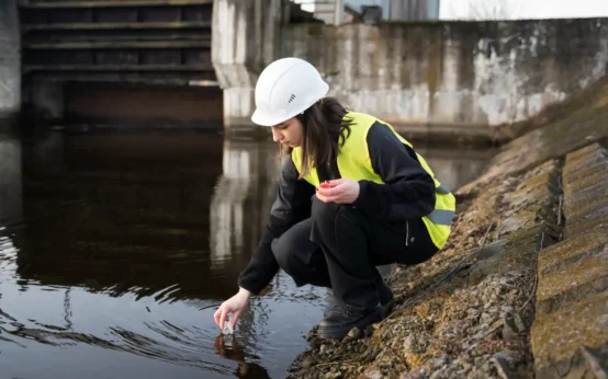 Engenheira inspeccionando recursos hídricos usando soluções para otimizar água e energia no campo e na indústria