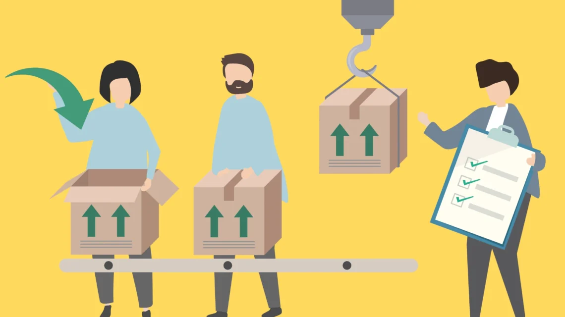 Ilustração do crescimento do setor de embaladoras e seladoras, mostrando profissionais manuseando caixas e checklist, destacando tendências e oportunidades na indústria.