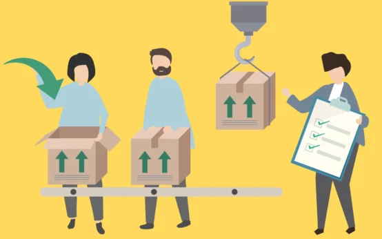 Ilustração do crescimento do setor de embaladoras e seladoras, mostrando profissionais manuseando caixas e checklist, destacando tendências e oportunidades na indústria.