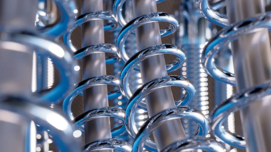 Imagem com diversas molas de alta tecnologia, destacando inovações no segmento de molas e artefatos industriais, ressaltando avanços tecnológicos e design moderno.