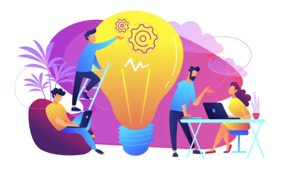 Ilustração moderna mostrando empreendedores colaborando na inovação e transformação do mercado com criatividade e tecnologia.