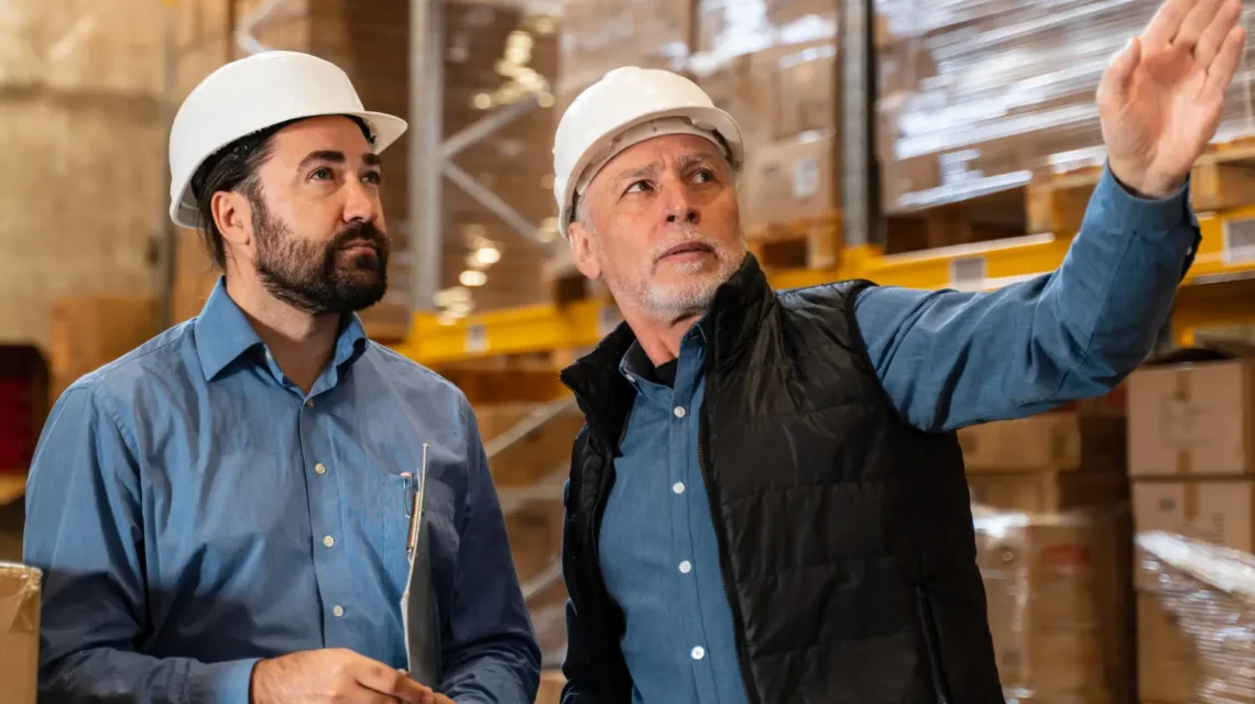 Dois profissionais com capacetes de segurança em um armazém observam prateleiras com caixas e mercadorias, analisando itens e conferindo o estoque para Gestão de Estoque Inteligente com Dados em Tempo Real.