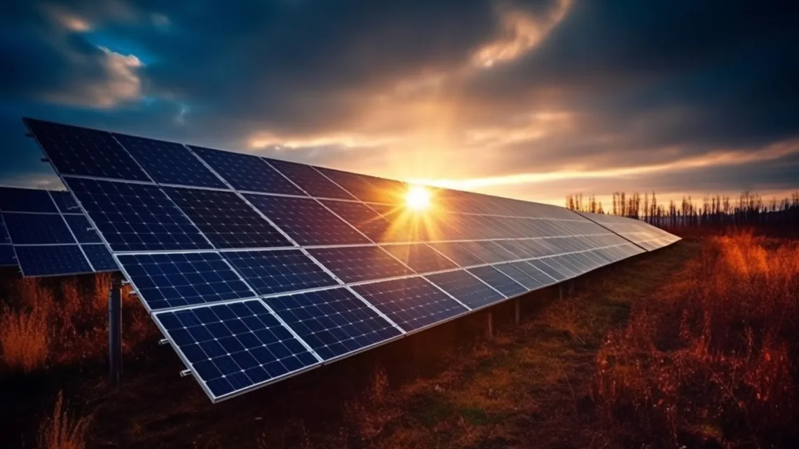 Painéis de energia solar em um campo ao pôr do sol, com o sol refletindo nos módulos fotovoltaicos e usina ao fundo, simbolizando retorno do investimento na indústria em 2026: Energia Solar para Indústrias: Retorno do Investimento em 2026.