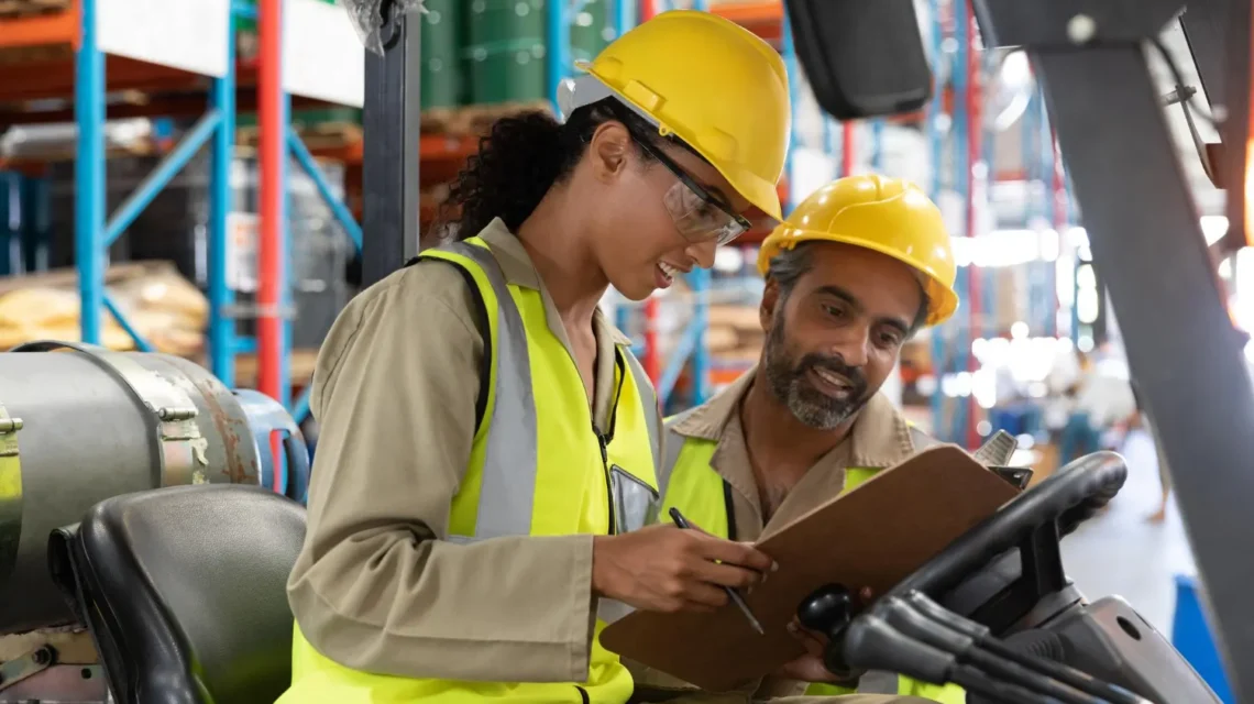 Trabalhadoras e trabalhadores em um ambiente industrial, com capacetes de segurança e coletes refletivos, analisando documentos e ferramentas em uma linha de produção, ideal para discutir Nearshoring e Reindustrialização: Oportunidades para Fornecedores Brasileiros.
