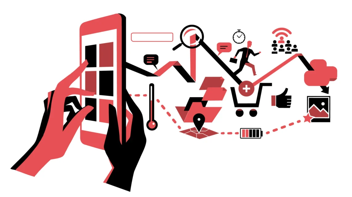 Rastreabilidade de Produtos: Exigências Crescentes de Consumidores e Órgãos Reguladores: Ilustração vetorial com mãos, smartphone e ícones de logística e rastreamento, incluindo lupa, localização e itens em fluxo digital, em tons vermelho e preto.