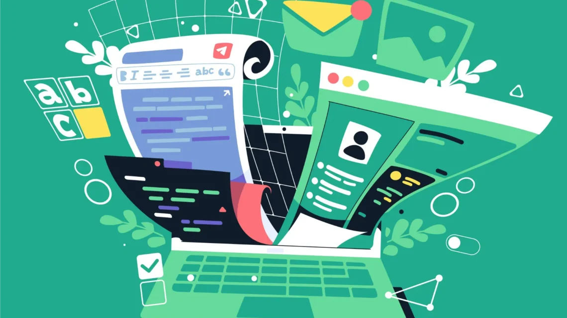 Ilustração com computadores e telas digitais exibindo elementos de produtividade, ferramentas e comunicação, representando Tecnologia no dia a dia: Ferramentas digitais que ajudam a economizar tempo e dinheiro.