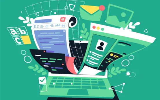 Ilustração com computadores e telas digitais exibindo elementos de produtividade, ferramentas e comunicação, representando Tecnologia no dia a dia: Ferramentas digitais que ajudam a economizar tempo e dinheiro.